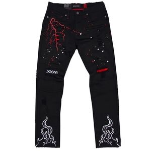 MAKOBI Fire Shredded Black Denim Jeans Pants Men’s Size 36/32 Distressed Skinny